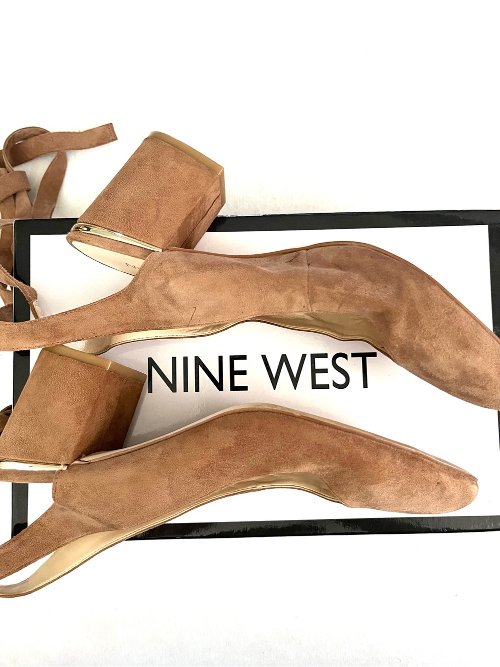Nine West Tan Suede Block Heel String Up Leg Strap Tie